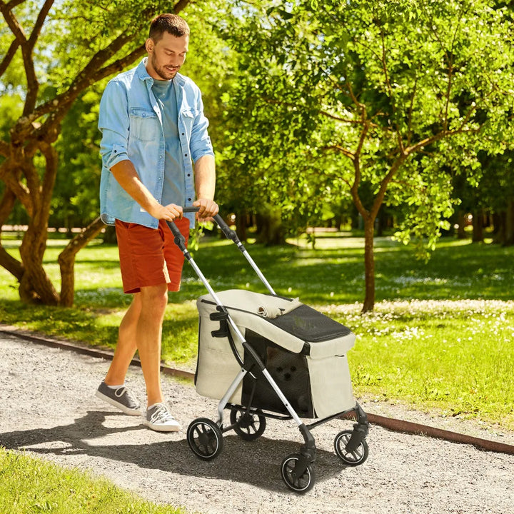 Lightweight aluminum dog stroller with mesh windows and cushion for small pets up to 10 kg