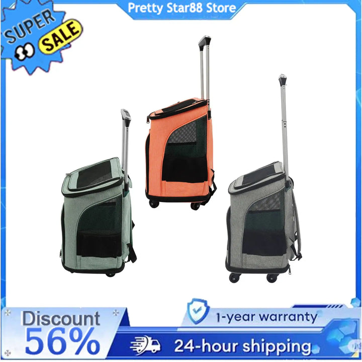Grey and orange pet backpack rolling carrier with fold-flat storage and breathable mesh for medium dogs and cats