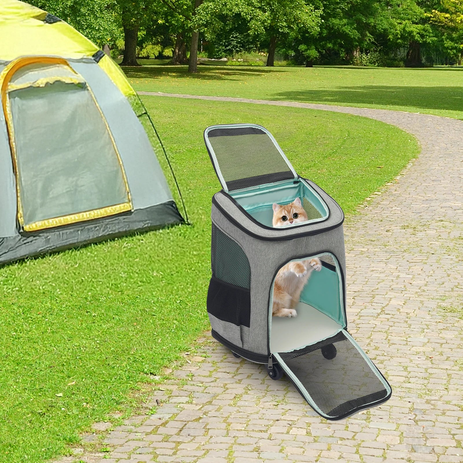 Pet Backpack Fold-Flat Storage Pet Rolling Carrier Tear-Resistant Folding Pet Carrier with Wheels for Travel/Hiking/Walking