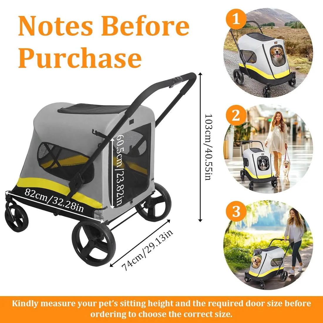 Foldable Dog Buggy Large Dogs: Foldable Dog Trolley up to 42 kg Dog Trolley with Rain Cover, Seat Belt, 4 Wheels & 3 Me