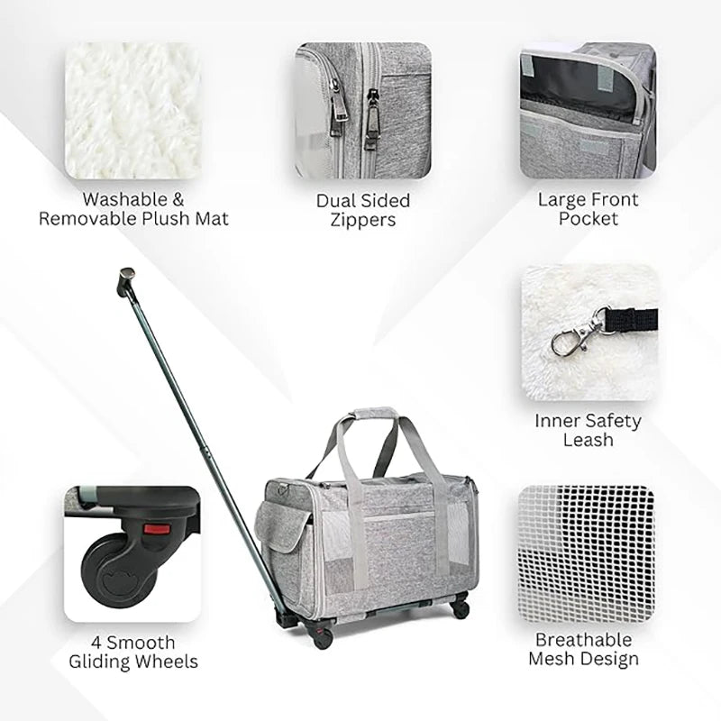 Pet Carrier with Wheels for Dogs Up To 15lbs & Cat  Airline Approved Dog Carrier Rolling Pet Carrier Foldable Pet Stroller