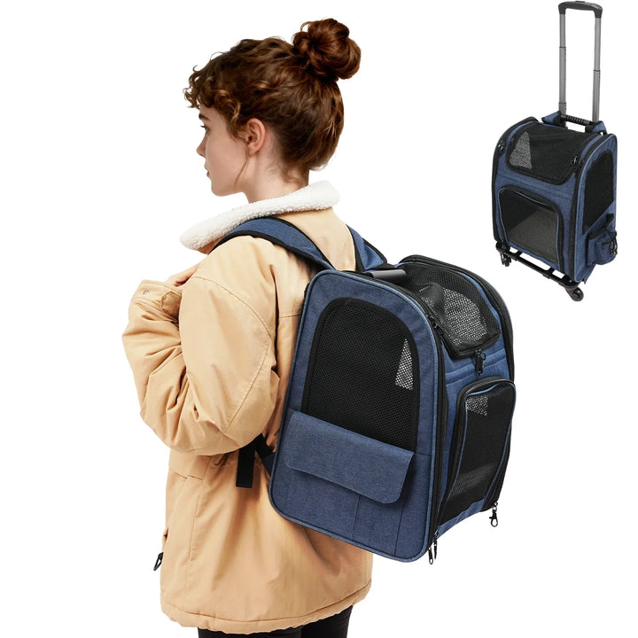 Breathable grey and blue pet cat carrier backpack with 360° rotatable wheels and trolley handle for small pets up to 33lbs