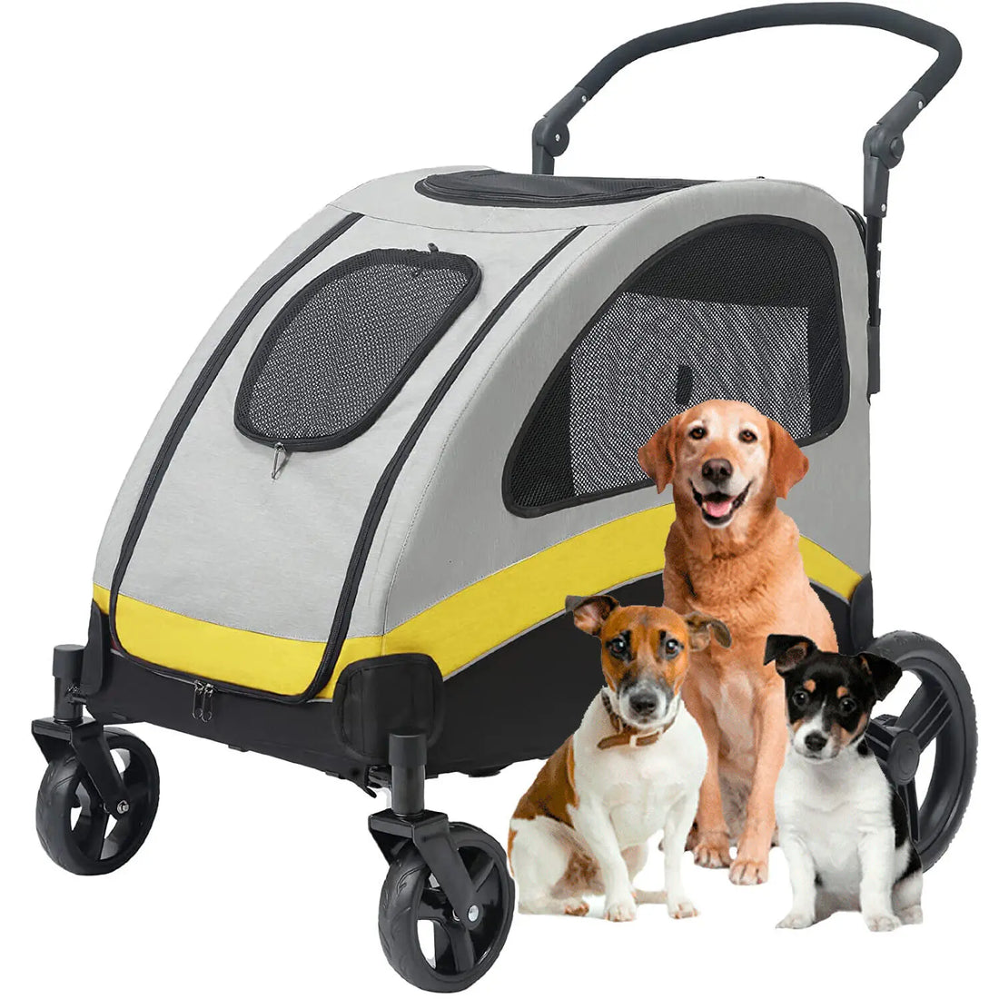 Foldable ultra-large dog stroller with 4 wheels, breathable mesh, and 55kg weight capacity for large dogs outdoors