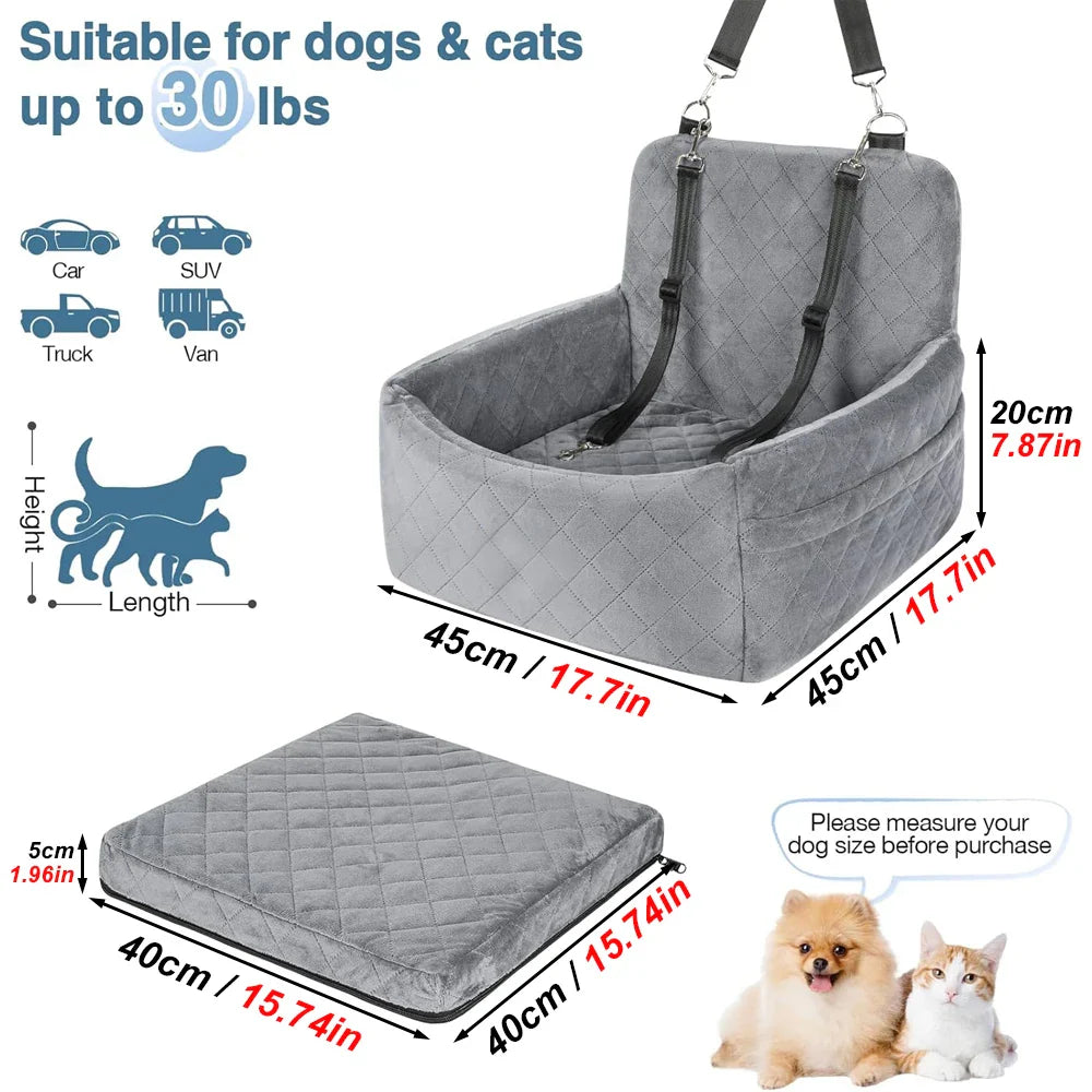 Warm portable dog car seat with washable cushion, safety belt, and storage pocket for small to medium dogs.