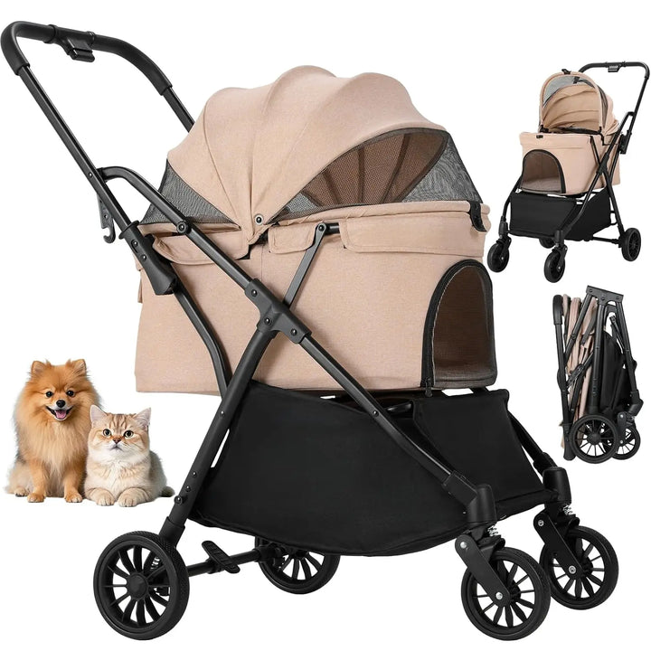 One-touch foldable dog buggy stroller with breathable window and 360° rubber wheels for small dogs and cats up to 20kg