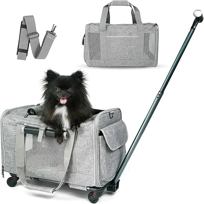 Pet carrier with wheels and telescopic handle for small dogs and cats, airline approved with breathable mesh and foldable design