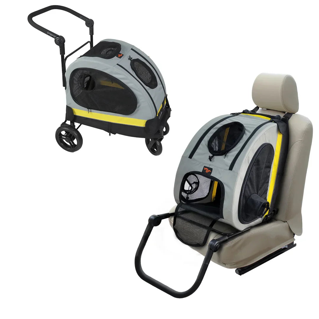2 in 1 portable pet travel stroller and convertible car seat for small dogs and cats in light yellow, gray, and black colors