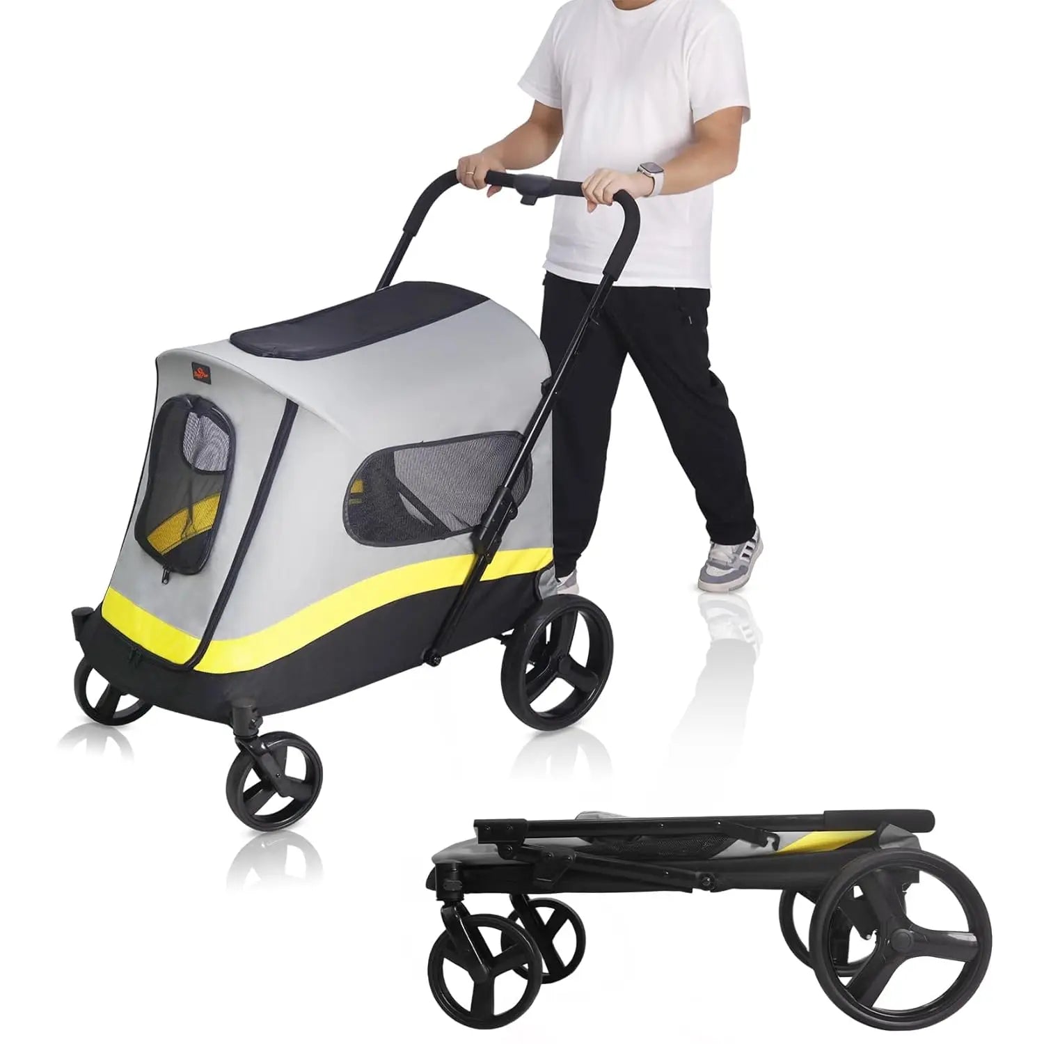 Foldable dog buggy for large dogs up to 42 kg with rain cover, seat belt, 4 wheels, and mesh windows