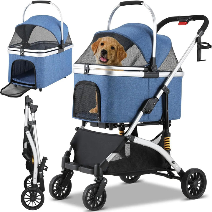 4in1 aluminium frame pet stroller with detachable carrier and durable rubber wheels for small dogs and cats up to 40kg